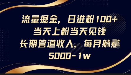 流量掘金,日进粉100+,当天上粉当天见钱,长期管道收入,每月躺挣5k-青年云网创—高质量项目商城
